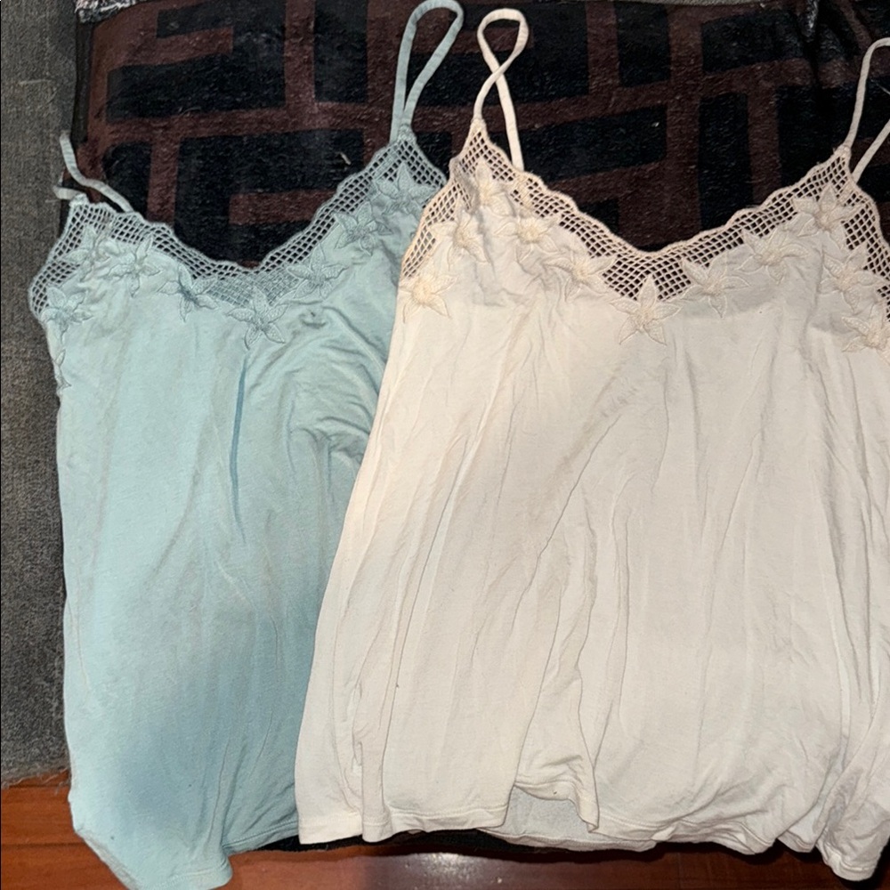 American Eagle Outfitters Lace Trim Tank Tops - Blue and Cream